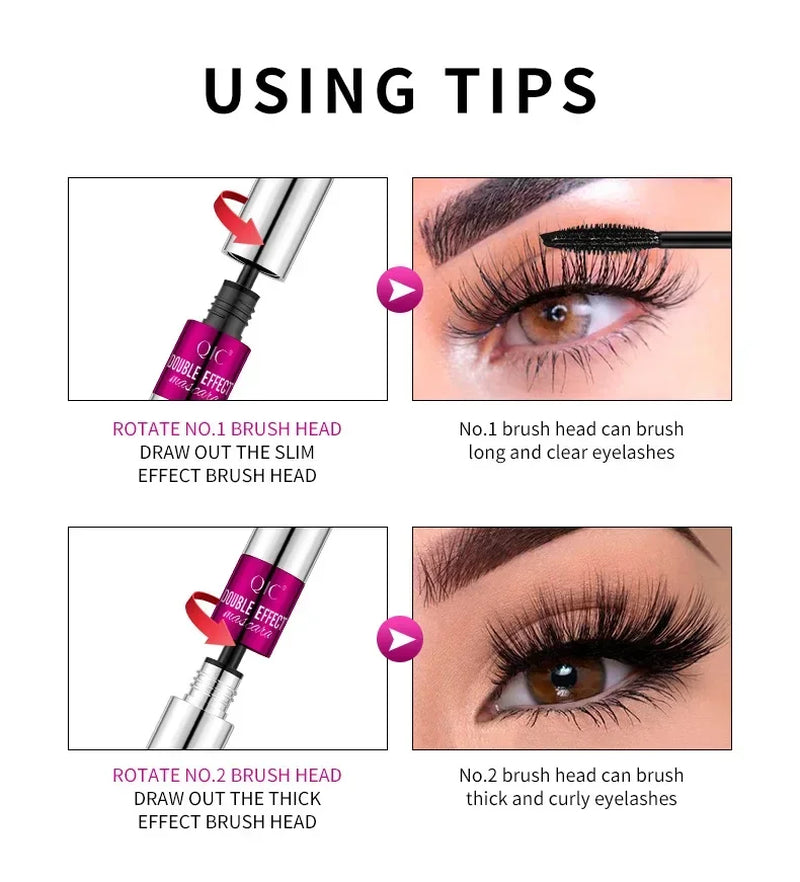 QIC® 4D Double Effect Waterproof Mascara | 2-in-1 Brush for Long, Curled & Voluminous Lashes