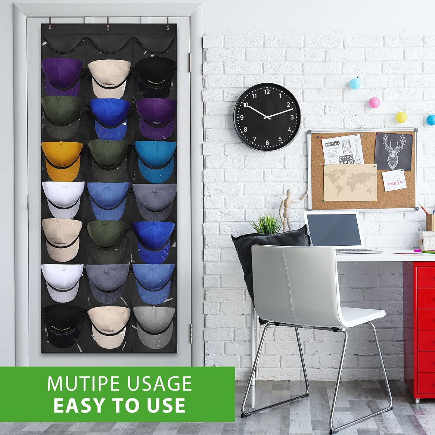 Hat Organizer Racks for Baseball Caps, Visible Hat Holder Rack for Wall Door with 3 Hooks, 24 Deep Pockets