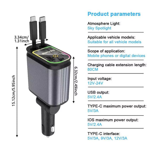 LumiDrive™ Retractable 4-in-1 Car Charger | Dual Port USB Fast Charger with Built-In Cables & Starry Sky LED Spotlight, Universal for iPhone, Android, Type-C & More