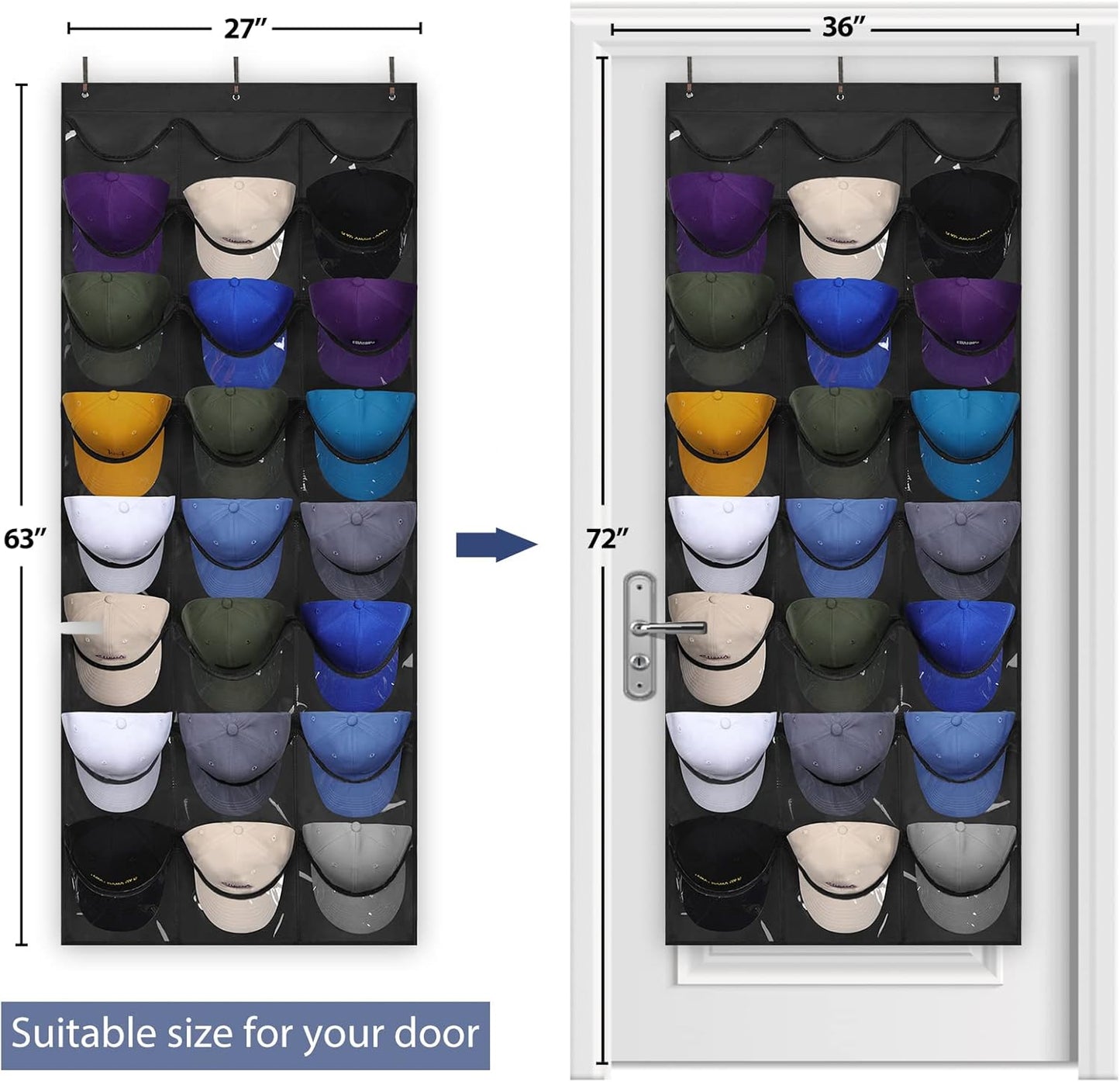 Hat Organizer Racks for Baseball Caps, Visible Hat Holder Rack for Wall Door with 3 Hooks, 24 Deep Pockets
