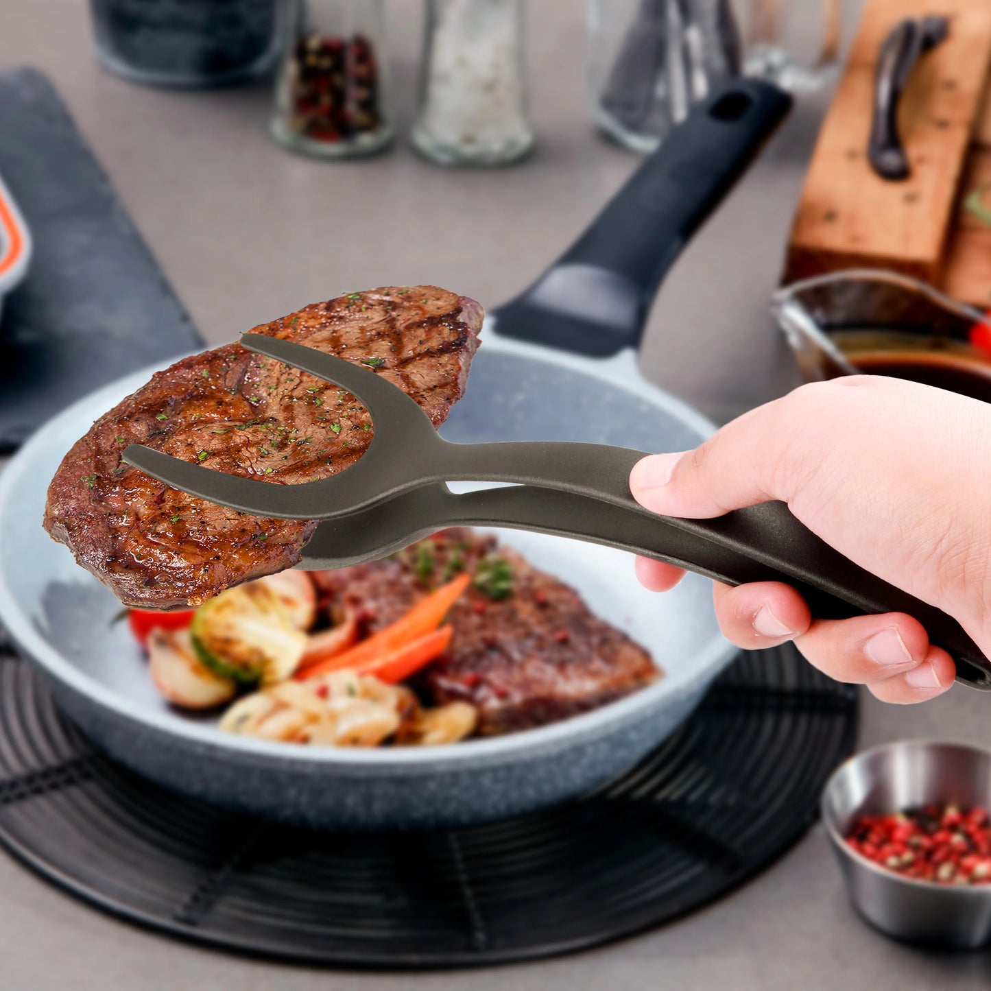 FlipGrip™ 2-in-1 Nylon Grip Flip Tongs | Egg, Steak & Pancake Turner Spatula Clamp for Easy Frying and Serving