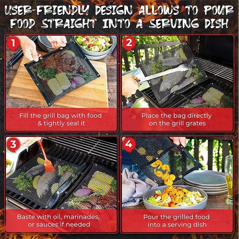 GrillMate™ 2Pcs Reusable PTFE Mesh BBQ Bags | Non-Stick Barbecue Bags for Charcoal, Gas & Smokers | Perfect for Veggies, Fish & More