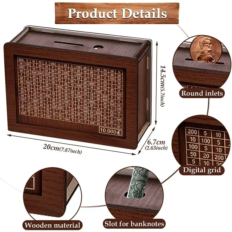 EuroVault™ Wooden Money Saving Bank | 1000/2000/3000/5000/10000 Euro Challenge Cash Storage Box, Secure Piggy Bank for Adults, Teens & Gift Giving