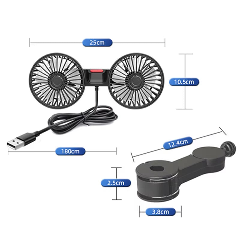 TwinFlow™ Dual Headrest Car Cooling Fan | USB Powered | 3-Speed Adjustable Rear Seat Fan with 180cm Cable