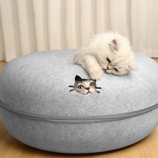 MeowMaze™ 2-in-1 Felt Donut Cat Bed with Tunnel | Cozy Hideout & Interactive Playhouse for Cats and Small Dogs