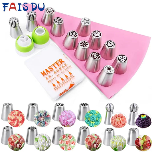 DecorWhip™ Russian Piping Tip Set | Stainless Steel Cake Decorating Nozzles with Pastry Bags for Icing & Baking