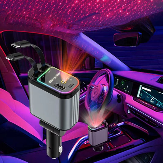 LumiDrive™ Retractable 4-in-1 Car Charger | Dual Port USB Fast Charger with Built-In Cables & Starry Sky LED Spotlight, Universal for iPhone, Android, Type-C & More
