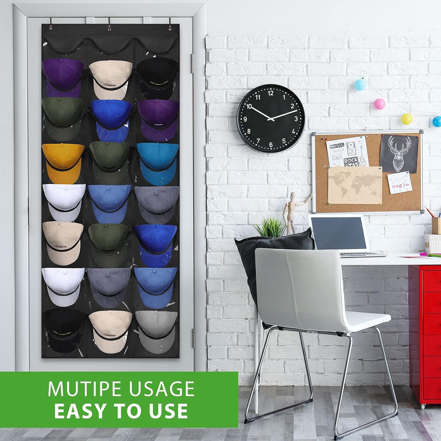 Hat Organizer Racks for Baseball Caps, Visible Hat Holder Rack for Wall Door with 3 Hooks, 24 Deep Pockets