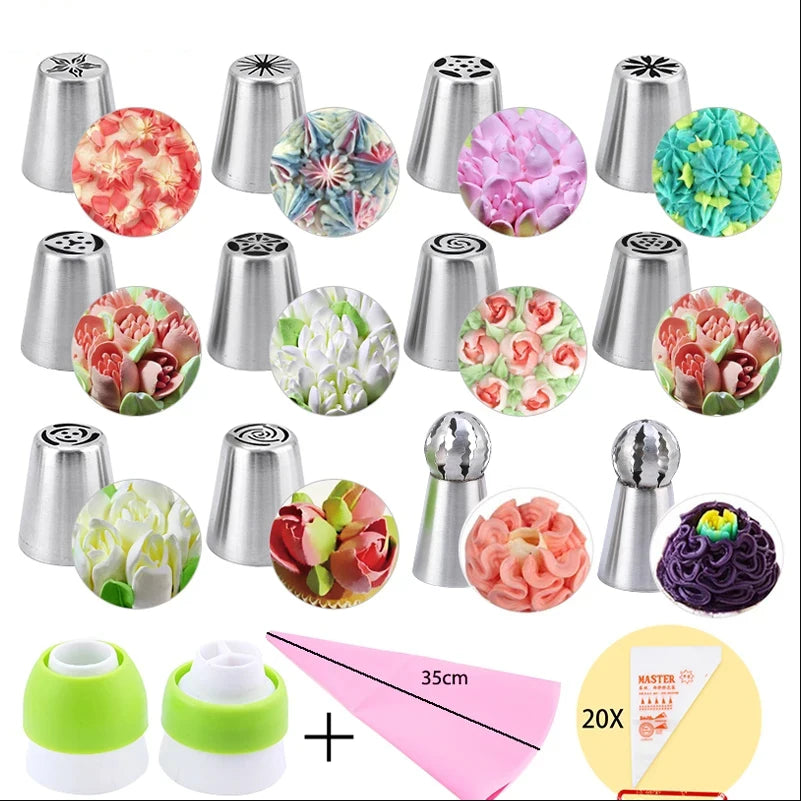 DecorWhip™ Russian Piping Tip Set | Stainless Steel Cake Decorating Nozzles with Pastry Bags for Icing & Baking
