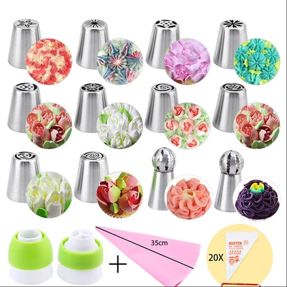 DecorWhip™ Russian Piping Tip Set | Stainless Steel Cake Decorating Nozzles with Pastry Bags for Icing & Baking