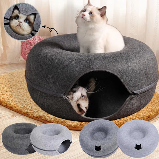MeowMaze™ 2-in-1 Felt Donut Cat Bed with Tunnel | Cozy Hideout & Interactive Playhouse for Cats and Small Dogs