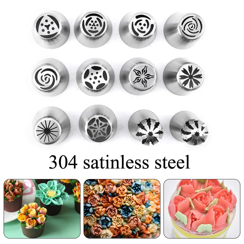 DecorWhip™ Russian Piping Tip Set | Stainless Steel Cake Decorating Nozzles with Pastry Bags for Icing & Baking