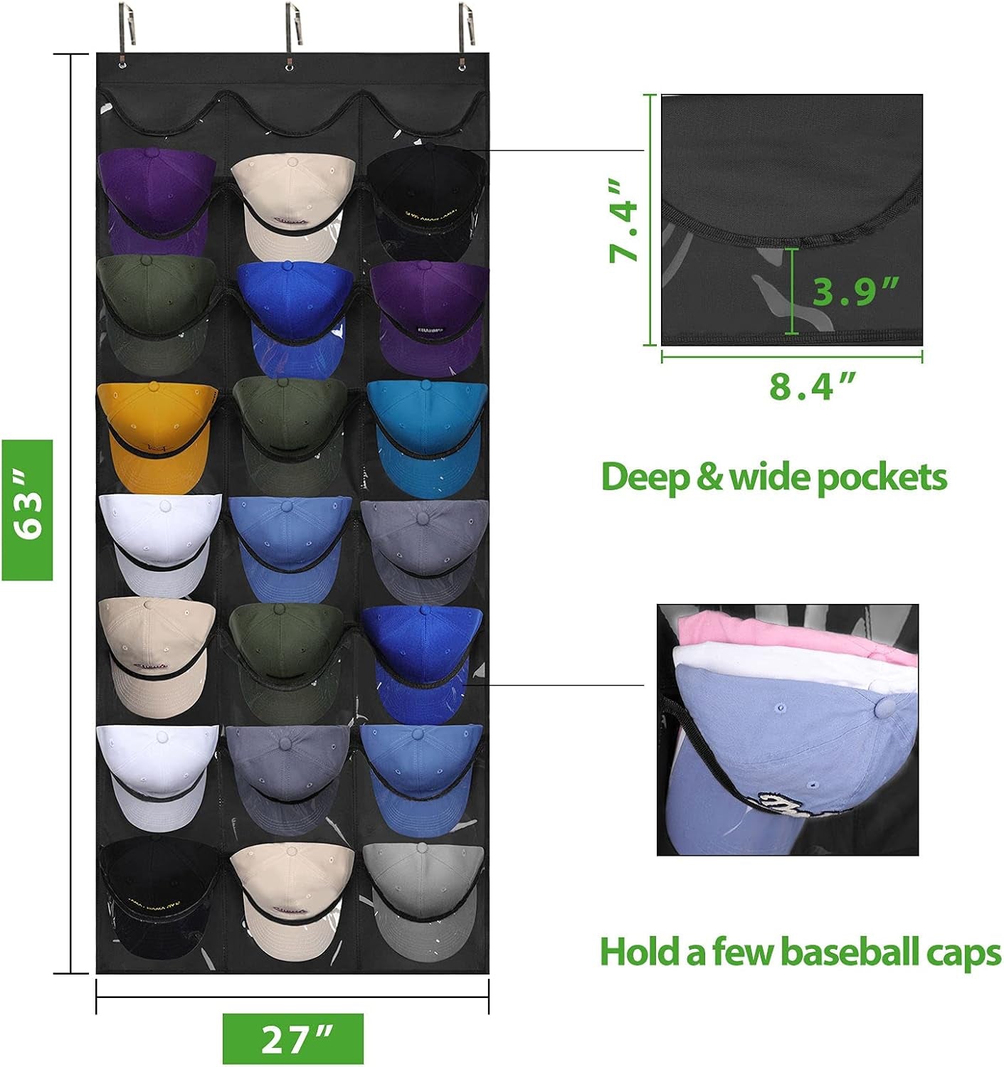 Hat Organizer Racks for Baseball Caps, Visible Hat Holder Rack for Wall Door with 3 Hooks, 24 Deep Pockets