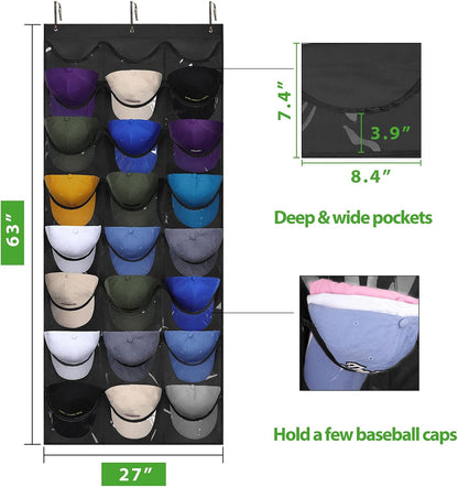 Hat Organizer Racks for Baseball Caps, Visible Hat Holder Rack for Wall Door with 3 Hooks, 24 Deep Pockets