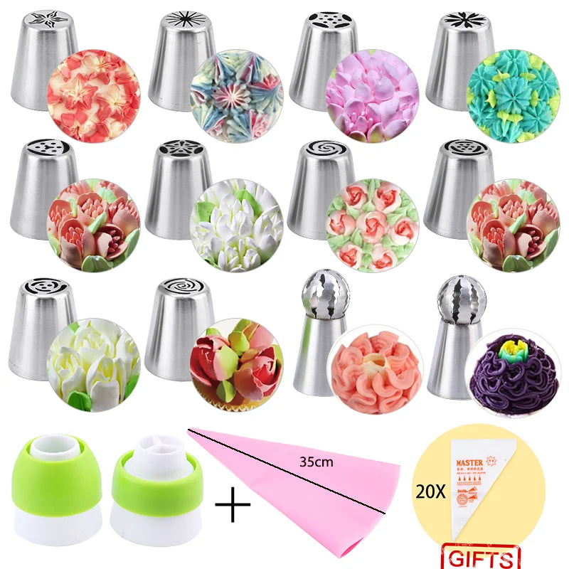 DecorWhip™ Russian Piping Tip Set | Stainless Steel Cake Decorating Nozzles with Pastry Bags for Icing & Baking