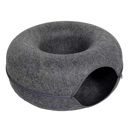 MeowMaze™ 2-in-1 Felt Donut Cat Bed with Tunnel | Cozy Hideout & Interactive Playhouse for Cats and Small Dogs