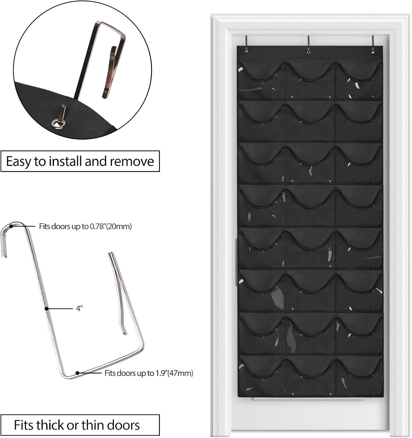 Hat Organizer Racks for Baseball Caps, Visible Hat Holder Rack for Wall Door with 3 Hooks, 24 Deep Pockets