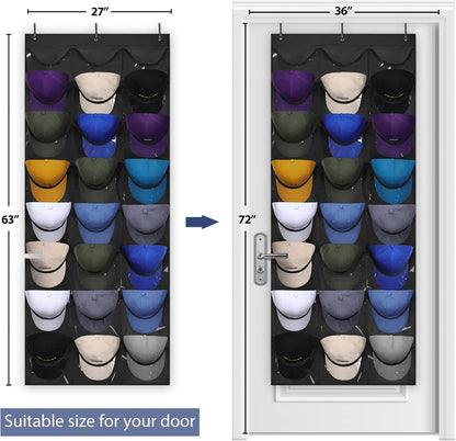 Hat Organizer Racks for Baseball Caps, Visible Hat Holder Rack for Wall Door with 3 Hooks, 24 Deep Pockets