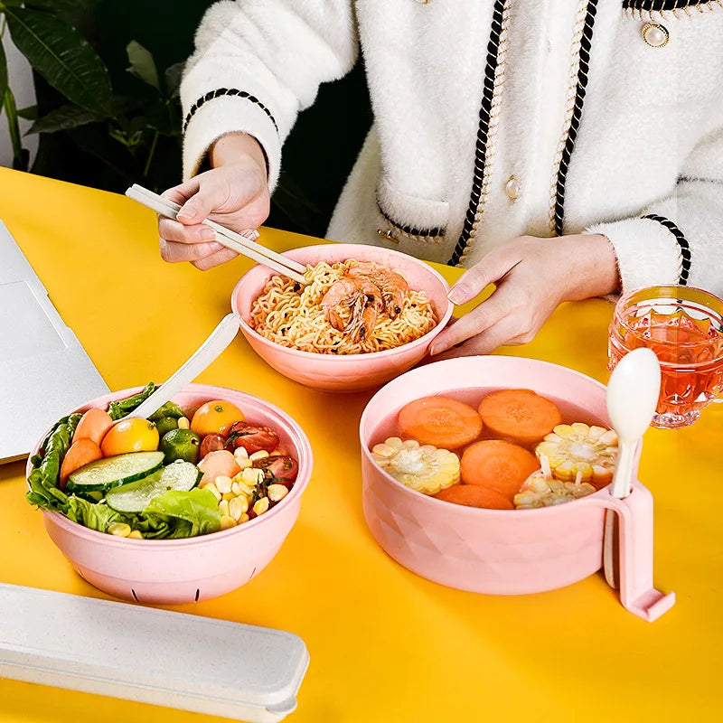Ramenix™ Microwave Ramen Bowl Cooker Set | Eco-Friendly Wheat Straw Noodle Bowl with Handles, Lid, Spoon, Fork & Chopsticks for Instant Meals