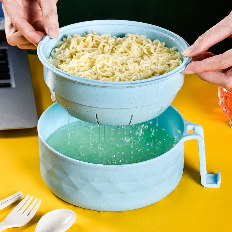 Ramenix™ Microwave Ramen Bowl Cooker Set | Eco-Friendly Wheat Straw Noodle Bowl with Handles, Lid, Spoon, Fork & Chopsticks for Instant Meals