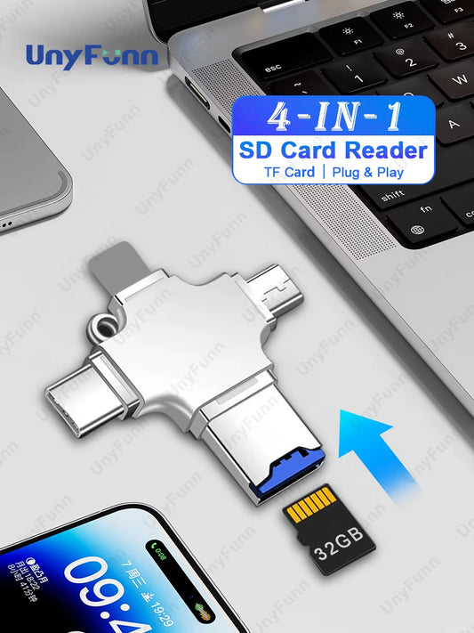 DataLink 4X™ 4-in-1 Memory Card Reader | USB, Type-C, Micro USB & iOS Lightning Adapter for Micro SD/TF Cards | Compatible with iPhone, Android, PC, Huawei, Samsung, Xiaomi & More