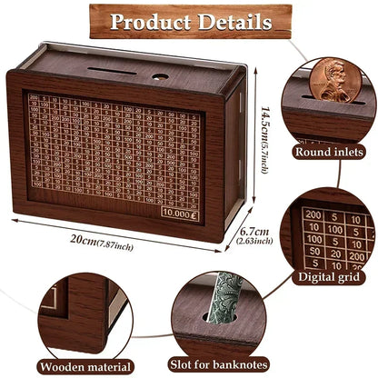EuroVault™ Wooden Money Saving Bank | 1000/2000/3000/5000/10000 Euro Challenge Cash Storage Box, Secure Piggy Bank for Adults, Teens & Gift Giving