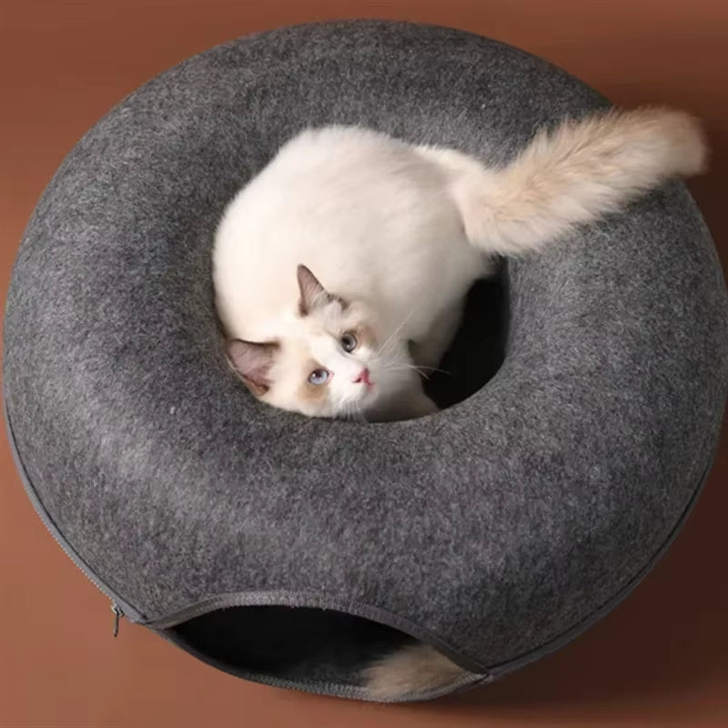 MeowMaze™ 2-in-1 Felt Donut Cat Bed with Tunnel | Cozy Hideout & Interactive Playhouse for Cats and Small Dogs