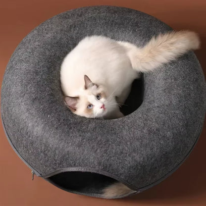 MeowMaze™ 2-in-1 Felt Donut Cat Bed with Tunnel | Cozy Hideout & Interactive Playhouse for Cats and Small Dogs